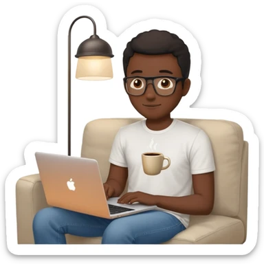 Père noël développeur de teint noir, assis dans un coin cosy de son salon un week-end, ordinateur portable ouvert affichant du code. Lumière naturelle douce, ambiance calme. Habillé simplement (t-shirt clair, jean ou short), tasse de café/thé à côté. sticker