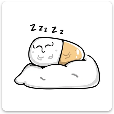 Cute sleeping pill with closed eyes and zzz sleep symbols, colorful sedative medicine capsule on a pillow, hand drawn sleep aid icon with gentle relaxing colors, sleep medicine concept sticker