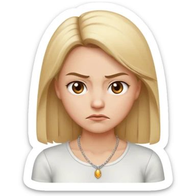 Cartoon emoji of a girl with long, straight blonde hair, fair skin, soft brown eyes. Wearing a white top with a delicate necklace, angry facial expression, furrowed brows, slightly pursed lips. Smooth, simple, stylized. sticker