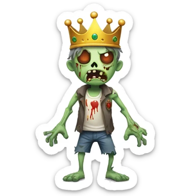 a cartoon zombie with a crown on its head,full body,make the zombie with his arms out and less blody with no cloths sticker