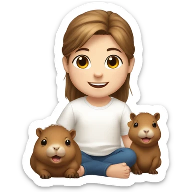 happy baby white child grinning with long brown hair kind of messy hair, smiling next to capybara sticker
