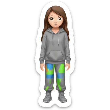 Chica grande  asustada de cuerpo completo mirado a la izquierda con pelo castaño largo  pantalones baggy  grises y hoodie gris  sticker