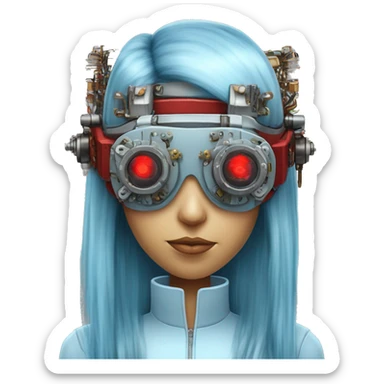 Light blue long hair female cyborg head with red steampunk goggles and circuits sticker