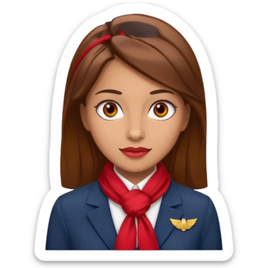 Female flight attendant, with red scarf, white shirt, brown hair, brown eyes, iOS emoji-type face sticker