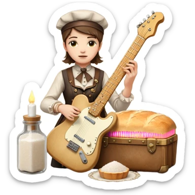 cinematic ultra HD steampunk victorian - a bottle of salt (salt shaker) and a loaf of peasant bread with a small electric telecaster guitar - still life composition sticker