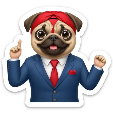 A pug in a suit in front of a stock chart with a rising trend sticker