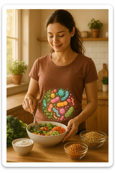 A realistic, warm-toned image of a young woman in a bright, cozy kitchen preparing a healthy meal rich in fiber and probiotics. She smiles softly, focused and calm, as she adds fresh vegetables, fermented foods like yogurt or kimchi, and whole grains to a bowl. Around her abdomen, a subtle, glowing overlay of balanced gut flora—colorful, friendly bacteria and microbes—swirls gently, symbolizing intestinal health and harmony. The setting is natural and inviting, with sunlight streaming through the window, potted herbs on the counter, and clean wooden surfaces. The overall mood conveys wellness, self-care, and the positive journey toward gut balance sticker