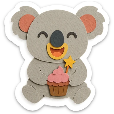 full-body laughing koala holding cupcake with star candle, paper-craft style sticker