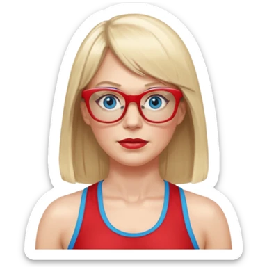 45 yr old white woman, pale skin, long straight blond hair parted in center, blue eyes, bangs, clothes for gym, big red glasses sticker