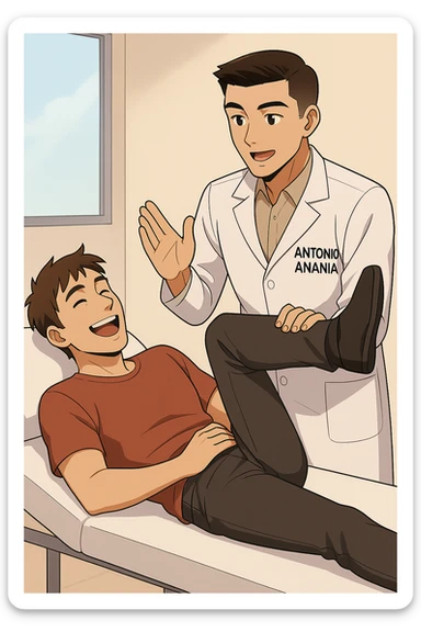 fai un webtoon manga a colori con questo stile, in cui un uomo è steso sul lettino medico e il kinesiologo con il camice bianco (fagli anche la scritta "ANTONIO ANANIA" SUL CAMICE, gli solleva una gamba per fargli il test neuromuscolare, IL KINESIOLOGO SPIEGA ALL'UOMO UNA cosa mentre gli alza la gamba. l'espressione dell'uomo è felice e soddisfatta, non fare i fumetti però, fai solo in modo che sembri stiano parlando, il lettino fai in modo che si veda tutto intero sticker