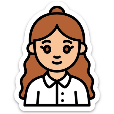 girl with a round face, long wavy brown hair in a half up half down style, brown eyes and long lashes, white button up polo, flat icon style sticker
