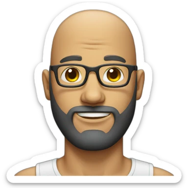 bald head bearded man with glasses and a shiny head sticker