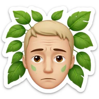 tired sad man with sweat on forehead, plant behind sticker