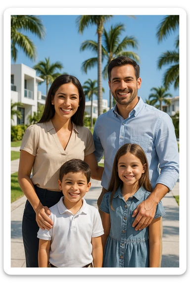 Foto hiper realista que refleje a nuestro cliente ideal de real estate: familias profesionales que desean mudarse a Miami o adquirir una segunda residencia. Familia tradicional de madre, padre, hijo e hija. sticker