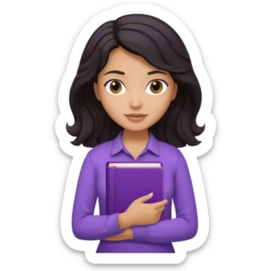 Long Hair Women, with Black dark wavy hair, with purple Book, beige shir, without background sticker