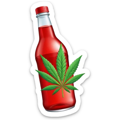 Red curved soda bottle with a cannabis leaf sticker