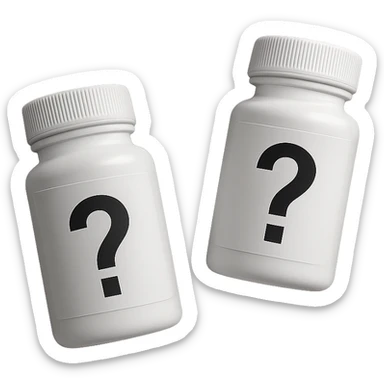 DUE BOCCETTE DI INTEGRATORI BIANCHE CON PUNTO INTERROGATIVO NERO SULL'ETICHETTA FLUTTUANO IN ARIA, IPERREALISTICA 4K sticker
