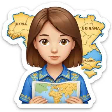 A Ukrainian girl with brown hair wearing an embroidered shirt holds a map of Ukraine sticker