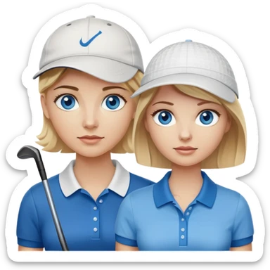 Blonde woman with blue eyes wearing hat playing golf with white man with brown hair and brown eyes wearing blue polo sticker