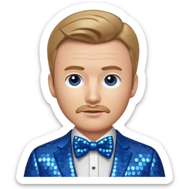 Chris Evans with dark blonde hair, blue sequin suit with bow tie sticker