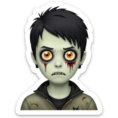zombie boy, black shaggy hair, emo look, dark circles under eyes, spooky and creepy expression sticker