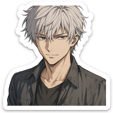 male anime character with silver hair, slightly tousled hairstyle, mysterious expression, detailed anime style, no background sticker