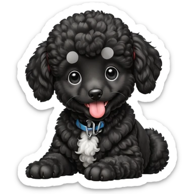 A high-resolution square-format digital illustration of a black poodle puppy in a clean, emoji-inspired semi-realistic style. The poodle is shown from the chest up, facing forward with a slight tilt of the head to the left, tongue out playfully. sticker