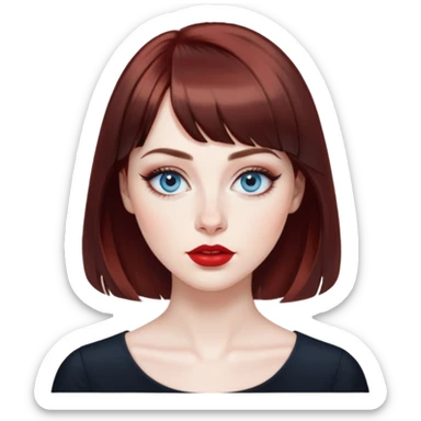 Artistic woman with pale skin, oval face, large blue eyes with eyeliner, thin eyebrows, small nose, red lipstick, dark auburn hair with bangs and slight waves, wearing a stylish black top, creative expression sticker
