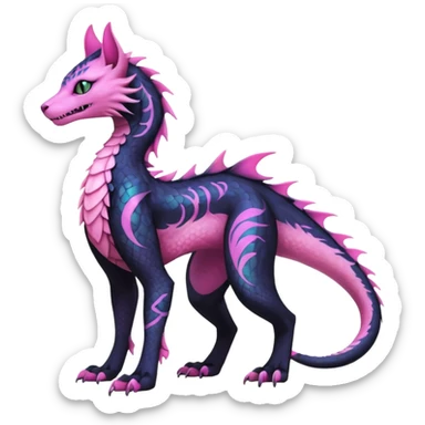 Kawaii black pastel iridescent beautiful pretty elegant divine edgy fantasy feline-vernid-sergal-Haku-dragon-fursona animal creature, full body with intricate markings  sticker