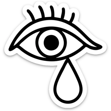 A crying female eye with clear black outlines, colored with beige skin around, brown-red iris, and blue-cyan tear. Add shadows and highlights while preserving graphic style and expressiveness, matching the reference style. sticker