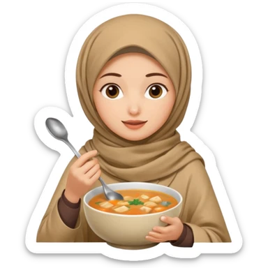 a woman wearing a pashmina hijab is eating while holding a spoon sticker