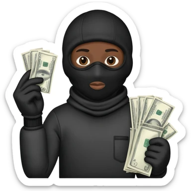 Ski mask holding money bag with black face like skin color black sticker
