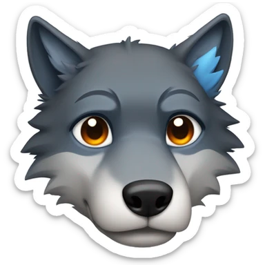 a blacky gray wolf furry head, with right ear orange and other ear blue, right eye blue and other eye orange, sad sticker