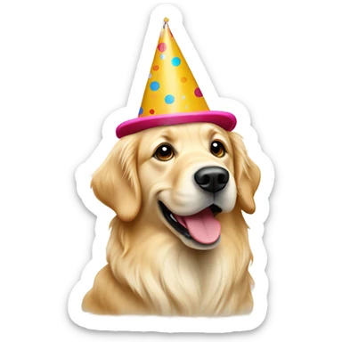 An English cream golden retriever wearing a birthday hat sticker