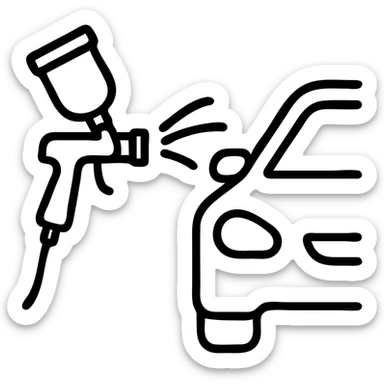 outlined icon of a paint spray gun pointing at a car section, clean lines, glossy black paint spraying out, silver details, modern and simple sticker