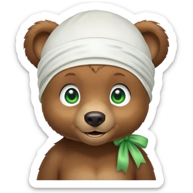 Playful brown bear cub in a white silk durag with a slight smile and bright green eyes, iOS emoji style sticker