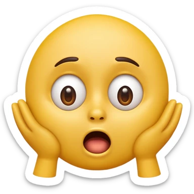 A 3D glossy yellow emoji of a shocked horrified face with no nose, with mouth and eyes are wide open, eyebrows  raised, and hands against their cheeks, black background, high quality, soft studio lighting sticker