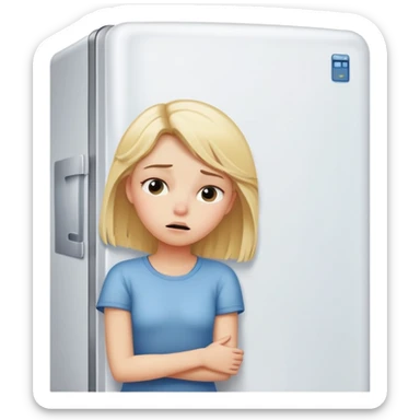 Blond girl trying to sleep next to a refrigerator  sticker
