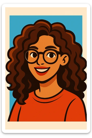 woman with long curly brown hair and eyeglasses, modern illustration style sticker