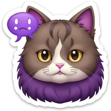 a dark-brown fluffy cute kawaii anime cat thinking frowning thoughtfully, saying “hmm” with a purple speech bubble sticker