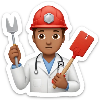 Brick mason wearing a hard hat but in a doctors gown emoji holding a red brick and a brick trowel sticker