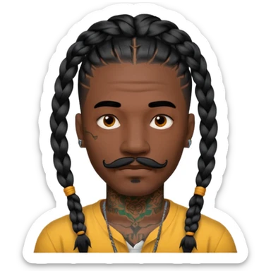 big lose braids starting from the top of the head man with mustache face wiith big visible loose only two braids and lots and lots of colored face tattoos colored tattoos like a tattoo artist hair unique color sticker