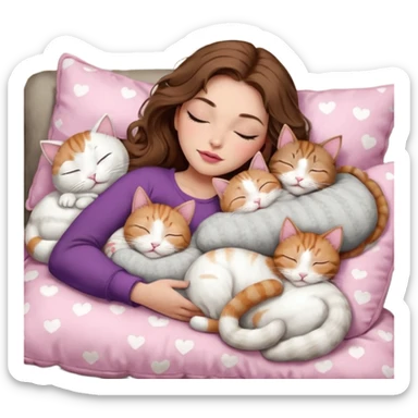 girl with long wavy brown hair, brown eyes, long lashes makeup, sexy pink lips, light to medium complexion,  sleeping on a cozy pillow, with 6 cats: 1 brown and white tabby cat, 1 ginger and white, 2 grey and white, 1 grey with white mittens and small white patch on chest and 1 calico, sleeping sticker
