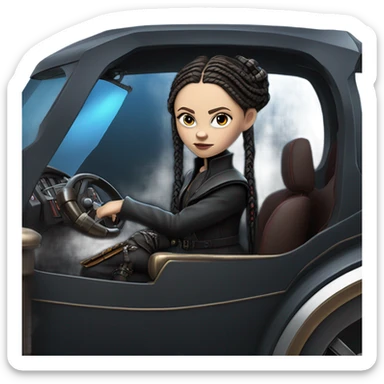 Jedi bounty hunter Wednesday Addams racing sitting in a modern blue,red and pewter steampunk electric luxury sticker