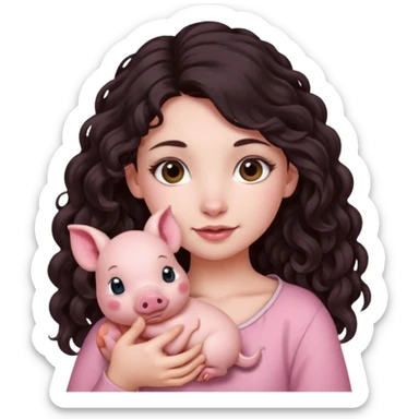 Ragazza bellissima capelli lunghi scuri con piccolo maialino sticker