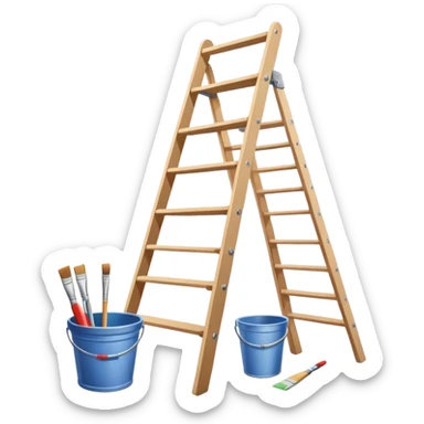 Wall painting icon, wall with an unfinished painting, no frame, a beautiful mural in progress, visible paintbrushes, rollers, and a bucket of paint, wooden ladder beside, minimalistic style, clean lines, transparent background. sticker