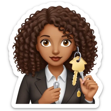 Dark brown lady with medium brown mid length curly hair in real estate job with house and keys sticker