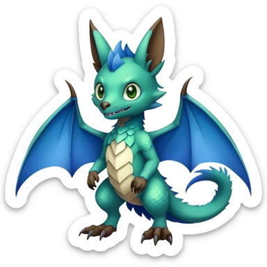 Cute cool fantasy animal hybrid bat-Sergal-Digimon-Fakemon full body, green scales, brown eyes, blue feathers sticker