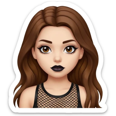 a pretty bratz fair girl with brown long hair styled well, looking like a baddie in a fishnet top and dark brown hair and black lipstick sticker