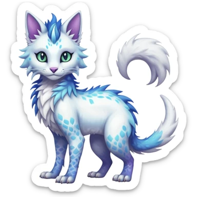 Kawaii white iridescent edgy fantasy feline-vernid-sergal-fursona animal creature with a tufted tail full body with intricate markings  sticker
